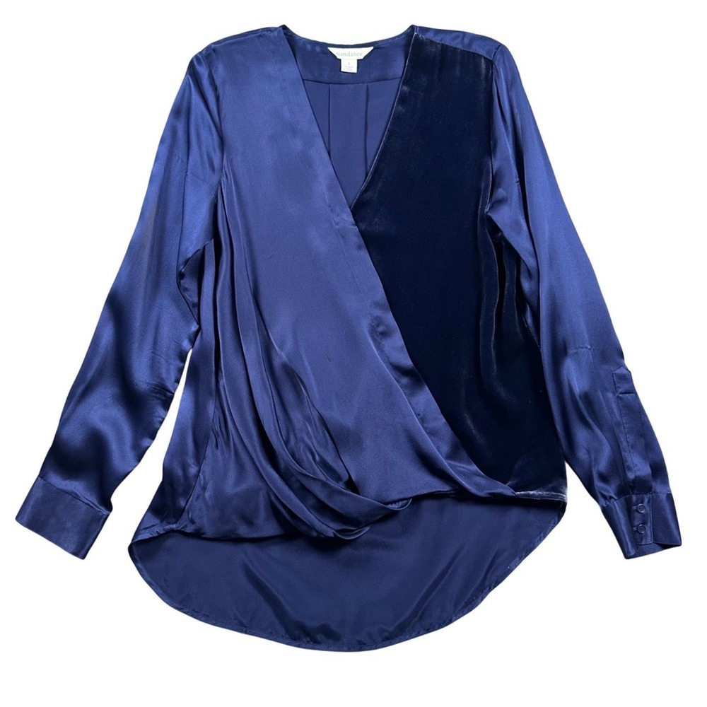 Sundance Blended Paths Silk Velvet Blouse Women'a S Navy Faux Wrap Boho Luxury - Picture 2 of 16